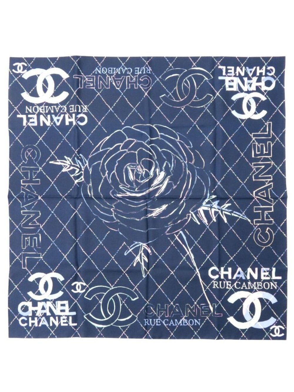 Chanel CC Logo Camellia Scarf Silk Navy Black